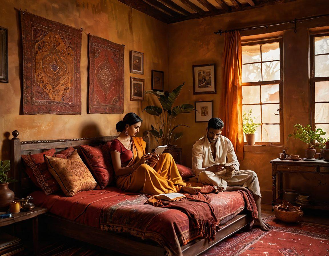 An evocative scene featuring a couple in a cozy, warmly lit room, surrounded by rich Indian textiles and decor, sharing intimate moments while exploring digital devices. Soft shadows enhance the mood, with glimpses of screens displaying artistic adult content. Include elements of passion and connection, like intertwined hands and vivid colors reflecting excitement. The setting should be both inviting and sensual. painting. vibrant colors.