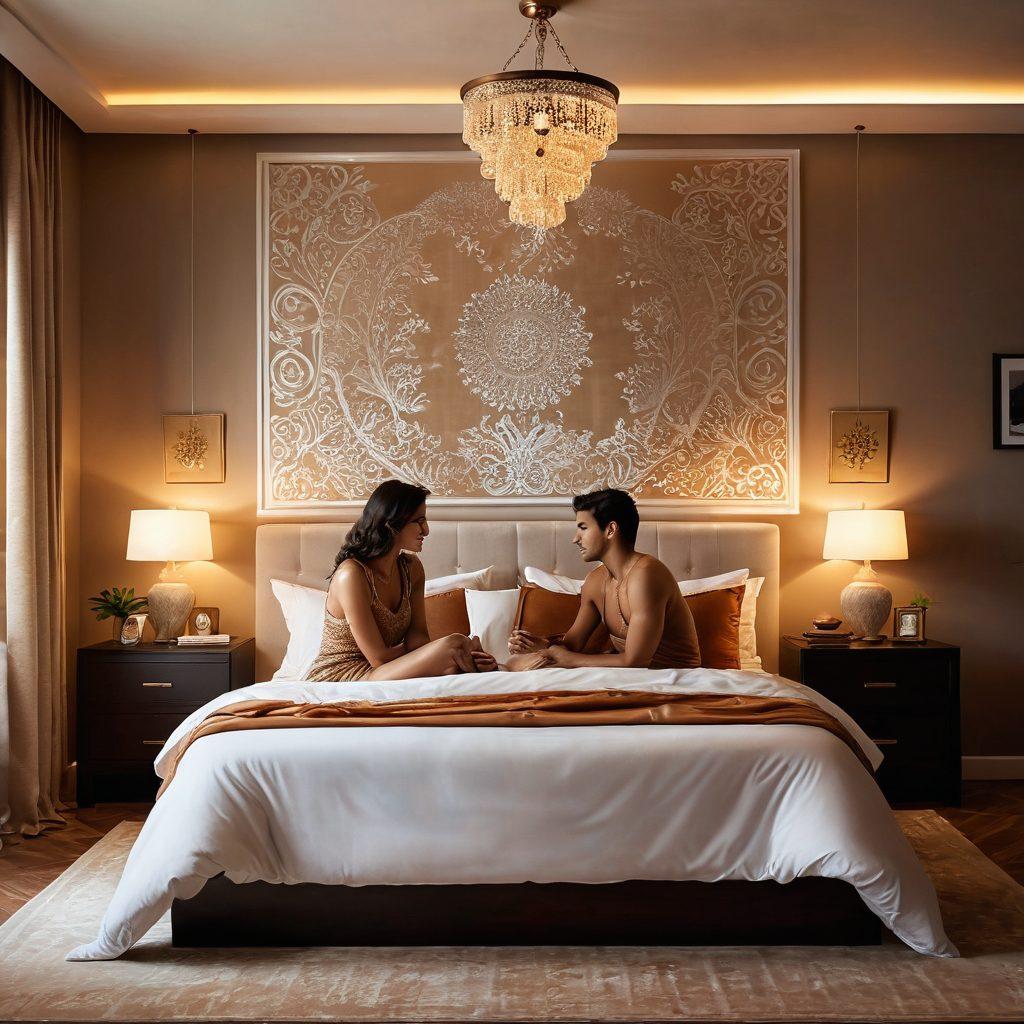 A captivating scene featuring a luxurious and inviting bedroom with soft ambient lighting, rich textures, and elegant decor. Add subtle elements of Indian artistry, like intricate patterns on the cushions and wall, creating an atmosphere of intimacy and warmth. Include a hint of sensuality with a silhouette of a couple engaged in tender closeness, implying connection and pleasure. Emphasize the feeling of real-time intimacy and exploration of desires. warm tones, soft focus, super-realistic.