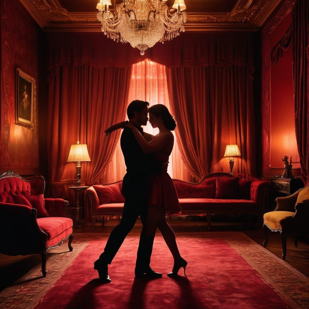 A captivating scene featuring a luxurious, dimly lit room adorned with plush velvet textures and seductive decor. Elegant silhouettes of performers engaging in sensual dance, surrounded by vivid lighting that creates an atmosphere of allure and excitement. Elements like soft fabrics and intriguing props add depth, inviting the viewer into a world of online erotic experiences. super-realistic. vibrant colors. moody lighting.